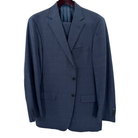 Hart Schaffner Marx Made In USA Navy Blue Plaid Two-Piece Suit Size 44R - Picture 1 of 14